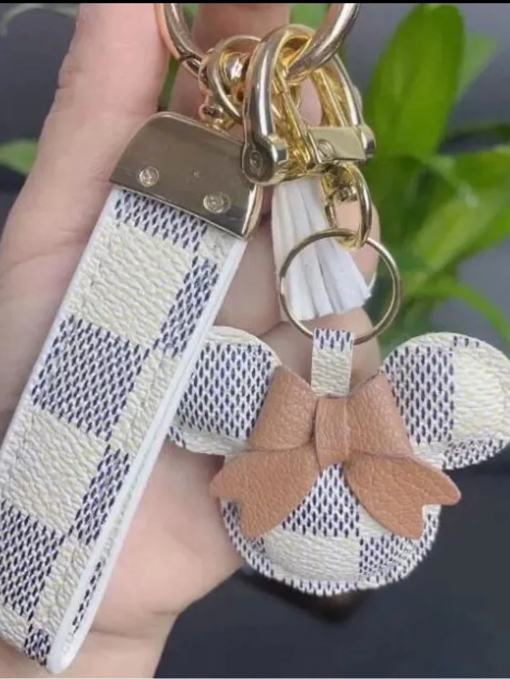 Mouse Wristlet Keychain PU Leather Bag Charm White Grey Checkered Brown Bow NIP